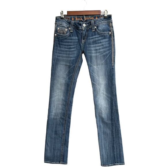 Rock Revival Denim - Rock Revival Alanis Women's Blue Denim Dark Wash Straight Fit Low Rise Jeans 28